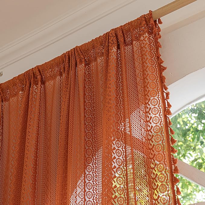 Sutuo Home Boho Curtains 72 inches Long for Bedroom Living Room, Crochet Cotton Lace Sheer Bohemian Hollow Knitted with Tassels,Window Treatment Drapes, Rod Pocket 1 Panel 59" W x 72" L,Burnt Orange