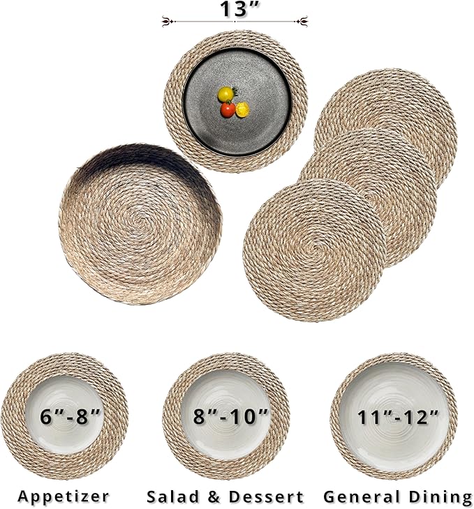 Art PineCone's Woven Cotton Rope Round Placemats Set of 4 with Holder Included, Non-Slip, and Heat Resistant Shabby Chic Placemats (Cattail, 13 inch)