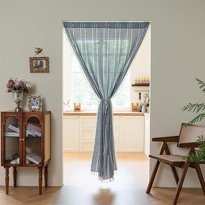 Sutuo Home Blue Boho Door Curtains for Doorway, Bohemian Semi Blackout with Tassels Privacy Embroidery Drape Decor for Temporary Room Dividers Bedroom Living Room, Rod Pocket 1 Panel 37" W x 80" L