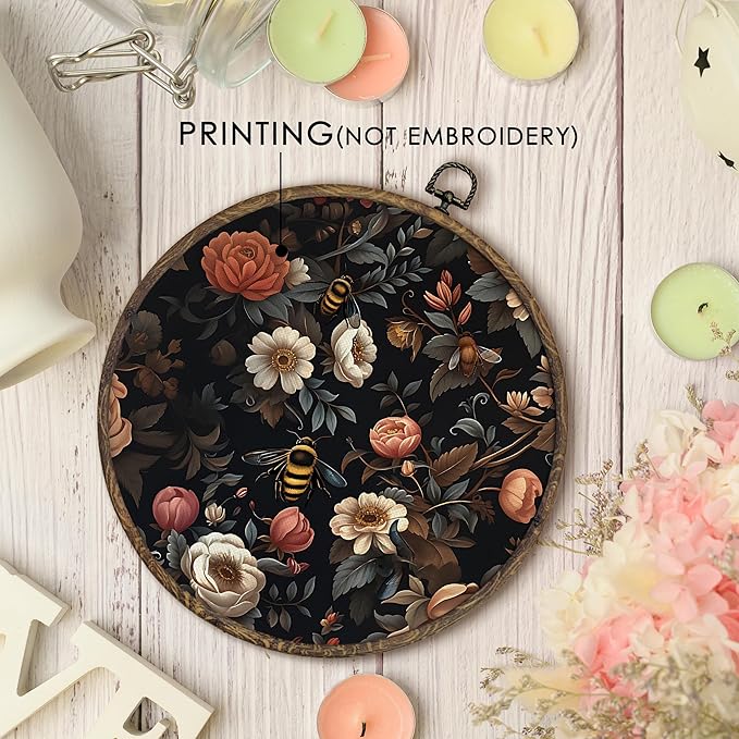 KFXHANGD Vintage Bee Rose Floral Round Wall Art Framed, Dark Moody Bees Flower Canvas Wall Art Decor, Bee Botanical Hanging Decor for Bedroom Bathroom Living Room, 10x10inch
