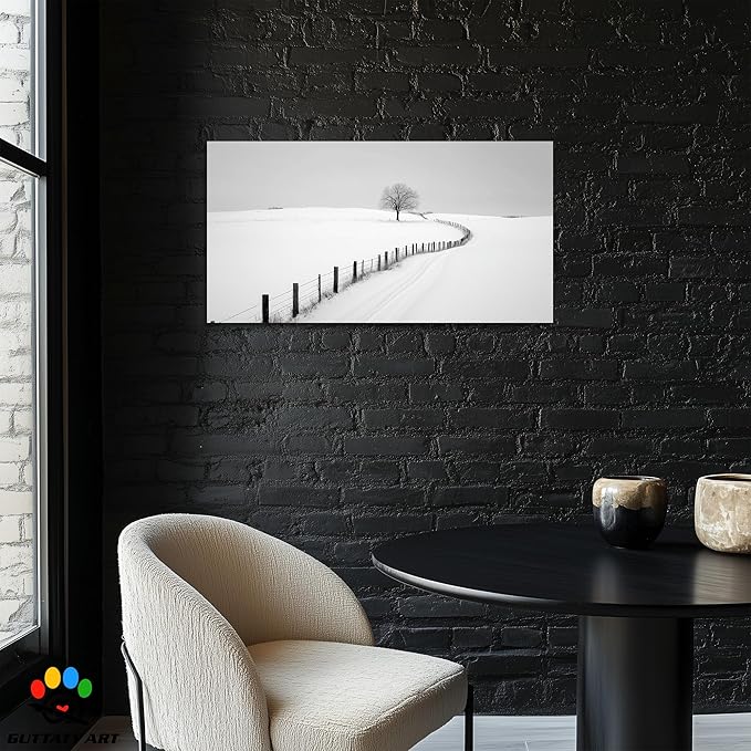 GUTTATY Christmas Winter Scene Canvas Wall Art, Snowy Farm Fence and Tree Pictures, Monochrome Print with Minimalist Artwork Style, Peaceful Posters for Living Room Bedroom Decor, 48x24 Inch