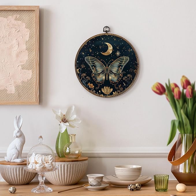 KFXHANGD Gothic Butterfly Moth Round Wall Art Framed, Witchy Butterfly Canvas Wall Art Decor, Mystical Moth Hanging Decor for Bathroom Bedroom Living Room, 10x10inch