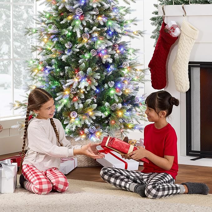 Best Choice Products 7.5ft Pre-Lit Artificial Frosted Slim Aspen Christmas Tree, Partially Flocked Holiday Décor w/ 2-in-1 White & Multicolor LED Lights
