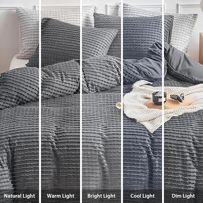 WARMDERN Boho Duvet Cover Set Queen Size,Dark Grey Striped Duvet Cover Microfiber Bedding Set,3PCS Ultra Soft Breathable Lightweight Tuft Texture Duvet Covers with Zipper Closure(Dark Grey,Queen)