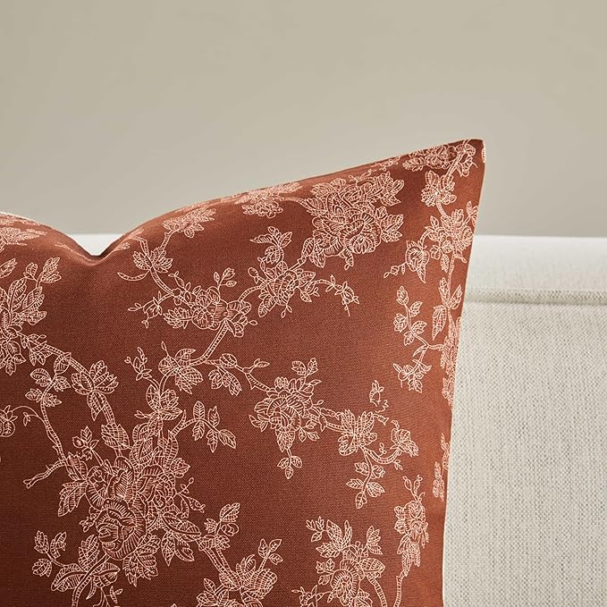 100% Cotton French Pastoral Throw Pillow Covers Set of 2, 22x22 Inch Background/Terracota Farmhouse Decorative Cushion Covers for Sofa Bed Living Room Home Decor