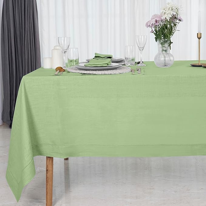 D'Moksha Homes Sage Green Linen Tablecloth for Rectangle Tables 60 x 144 Inch - 100% Pure Linen Green Table Cloth - Classic Hemstitch, Machine Washable Dining Tablecloth for Thanksgiving, Christmas