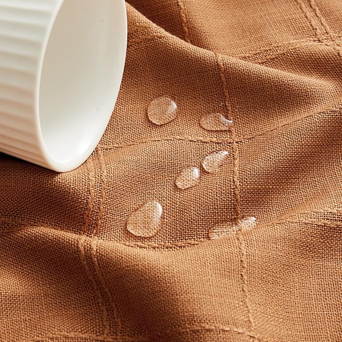 ZeeMart Linen Checked Table Cloth, Farmhouse Style Plaid Embroidered Caramel Tablecloth, Water Resistant Rectangle Table Cloth, Caramel 60x104 Inches