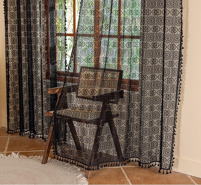Black Lace Curtains Gothic 84 Inches Long Dark Bohemian Tassel Curtains Vintage Halloween Goth Sheer Curtain for Living Room Bedroom Privacy Witchy Gothic Victorian Décor 2 Panels W59 x L84 Black