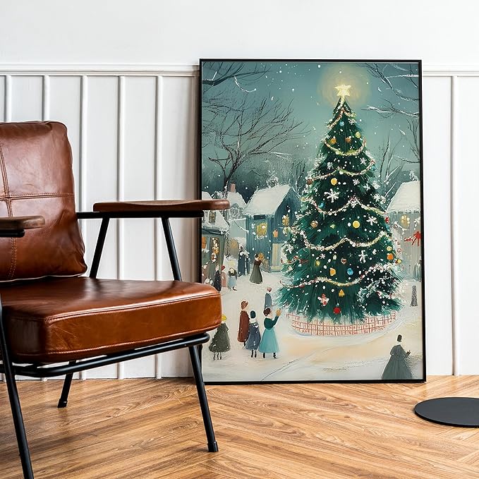 OZCONO Retro Christmas Tree Art, Winter Village Holiday Print, Cozy Seasonal Wall Artwork, Cute and Whimsical Noel Home Decor Idea, Winter Holiday Modern Farmhouse Decoration (Unframed) (12x18)