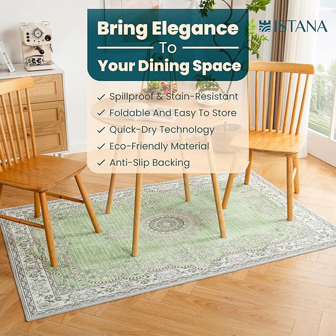 Istana 4x6 Area Rug - Green Rugs for Living Room 4x6 - Foldable Rugs for Bedroom - Stain Resistant Washable Rug - Eco-Friendly Boho Area Rugs - Easy to Clean Living Room Rug 4 x 6