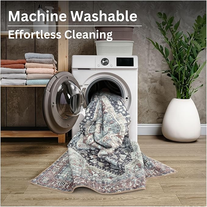 Bloom Rugs Washable Non-Slip 4' x 6' Rug - Charcoal/Brown Traditional Medallion Area Rug for Living Room, Bedroom, Dining Room, and Kitchen - Exact Size: 4' x 6'