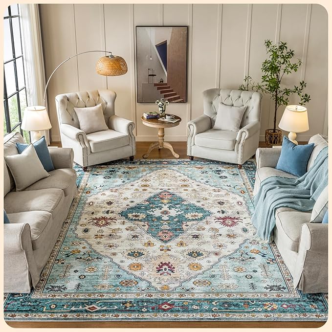 Istana Living Room Rug 10x14 - White Cream & Blue 10 x 14 Area Rug - Foldable Machine Washable Area Rugs 10x14 10x14 Area Rugs Boho - Stain Resistant Washable Rug 10x14