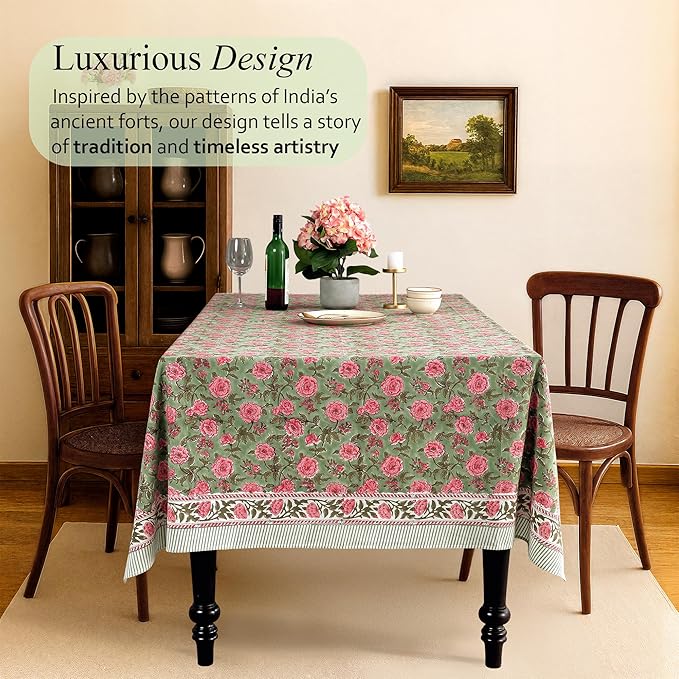 CPC Tablecloth 100% Cotton 60x90 Inch Indian Block Print Rectangle Table Cover, Washable Table Cloth for Weddings, Spring/Summer, Barbeque - Pink Tourmaline
