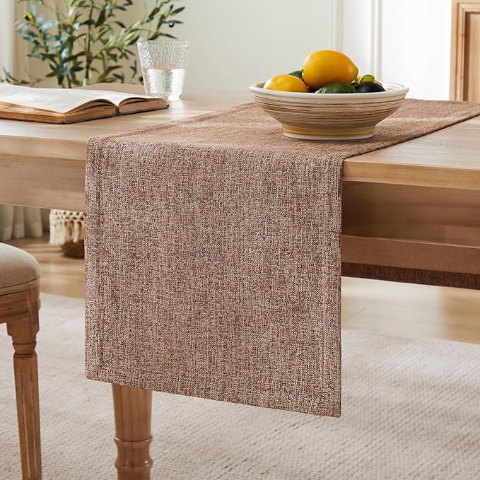 ZeeMart Burlap Style Farmhouse Table Runners 60 Inches Long, Brown Rustic Woven Coffee Table Runner for Everyday Use, 14x60 Inches, Brown