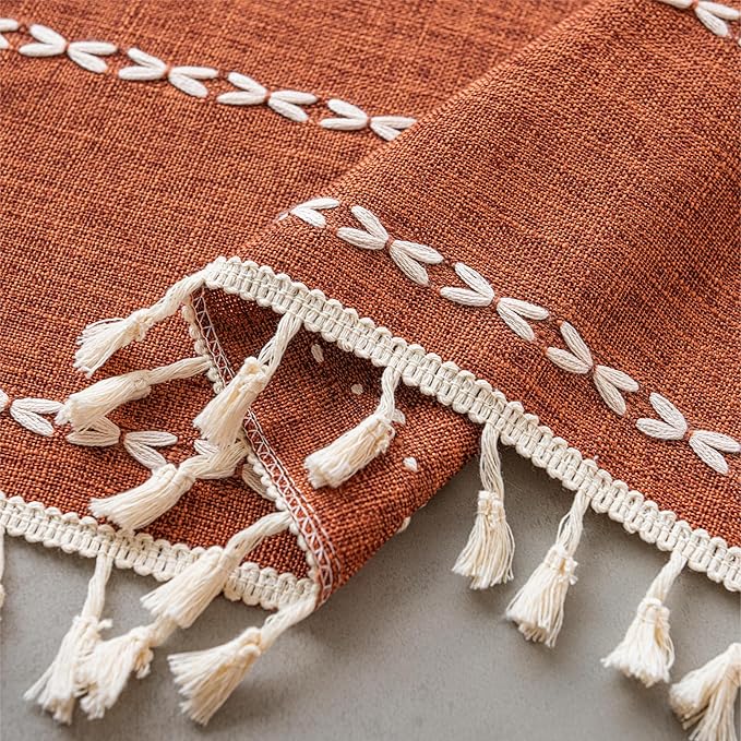 Sutuo Home Boho Valance Short Curtains For Windows Tier, Bohemian Linen Tassles Light Filtering Vintage French Country Window Treatment Fall Curtain Drape, Rod Pocket 1 Panel 52" W x 18" L, Terracotta