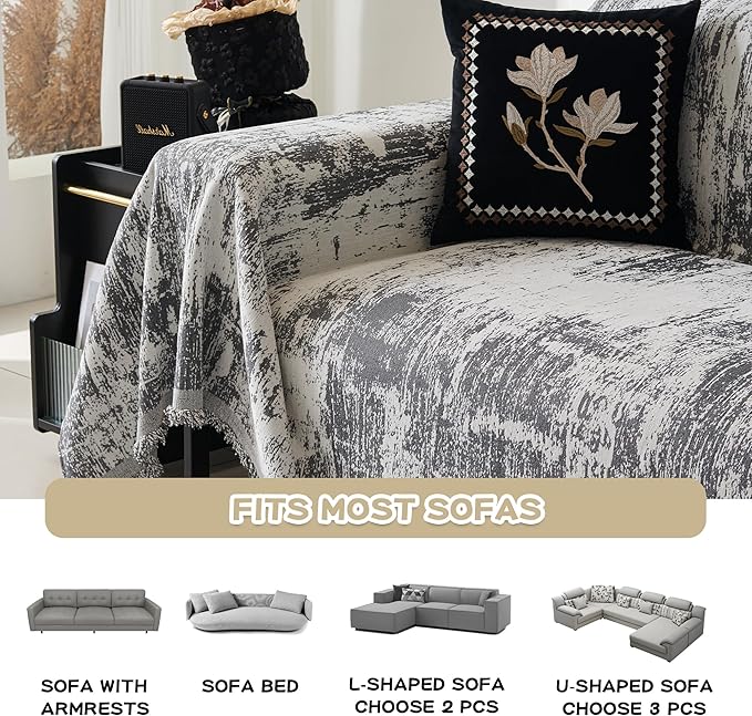 MEETSKY Couch Cover Sectional Sofa Covers Washable Chenille Geometric Abstract Couch Covers for 2 Cushion，Sofa Slipcover Multi-Use Durable Couch Throw Cover for Dogs Pets, 71" x 118", Deep Grey