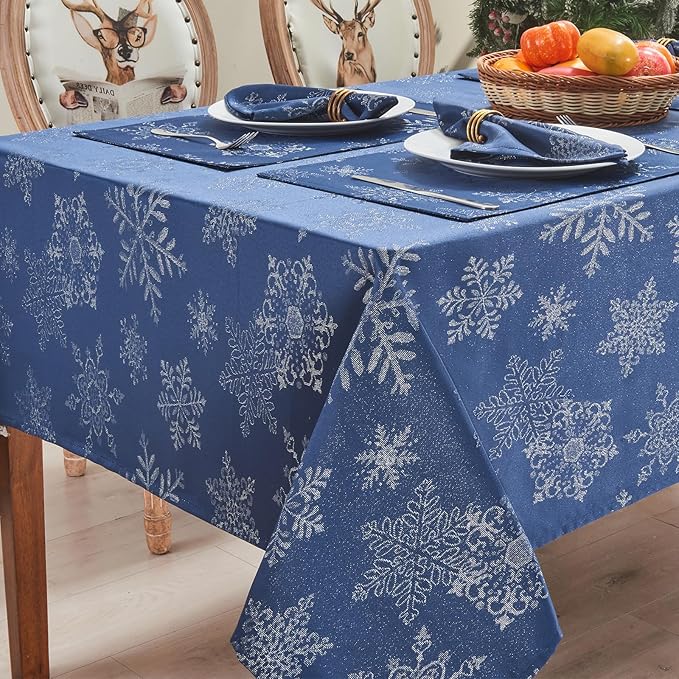 Rectangle Fancy Metallic Sparkling Snowflake Christmas Fabric Table Cloth red Hunter Gold Navy White Silver No-Iron Soil Resistant Woven Holiday Table Cover(Navy Silver/52x70Inch)