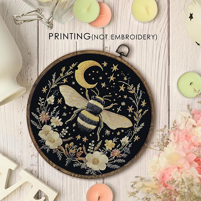 KFXHANGD Celestial Bee Floral Round Wall Art Framed, Gothic Bee Moon Canvas Wall Art Decor, Witchy Bumble Bee Botanical Hanging Decor for Bedroom Living Room, 10x10inch