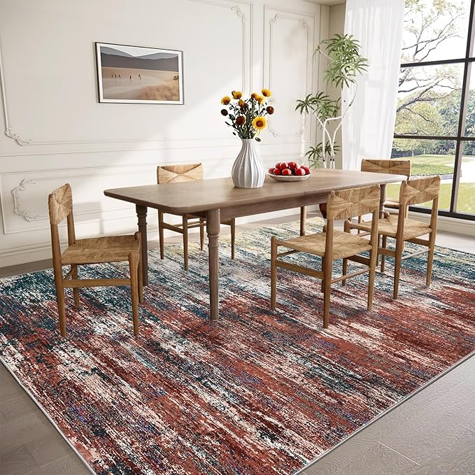 Modern Abstract Living Room Rug 8x10, Washable Area Rugs for Bedroom, Stain Resistant Non Slip Large Rug, Soft Indoor Carpet for Dining Room Table Home Decor, Red/Multi