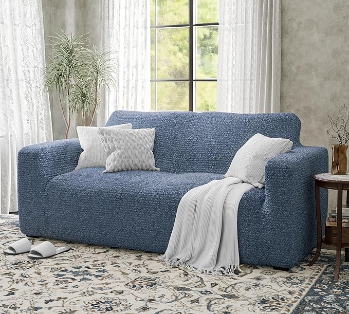 PAULATO BY GA.I.CO. Loveseat Slipcover - Oversized Chair Cover - Stretch Couch Cover - Cushion Love Seat Sofa Slipcover - 1-Piece Form Fit Washable Protector - Mille Righe Collection - Blue