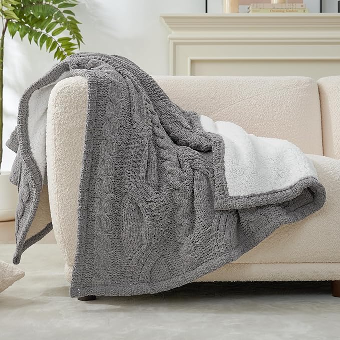 Amélie Home Cable Knit Throw Blanket for Couch, Chenille Sherpa Soft Cozy Throw Blankets for Sofa Chair Comfortable Home, 50"x60", Gray