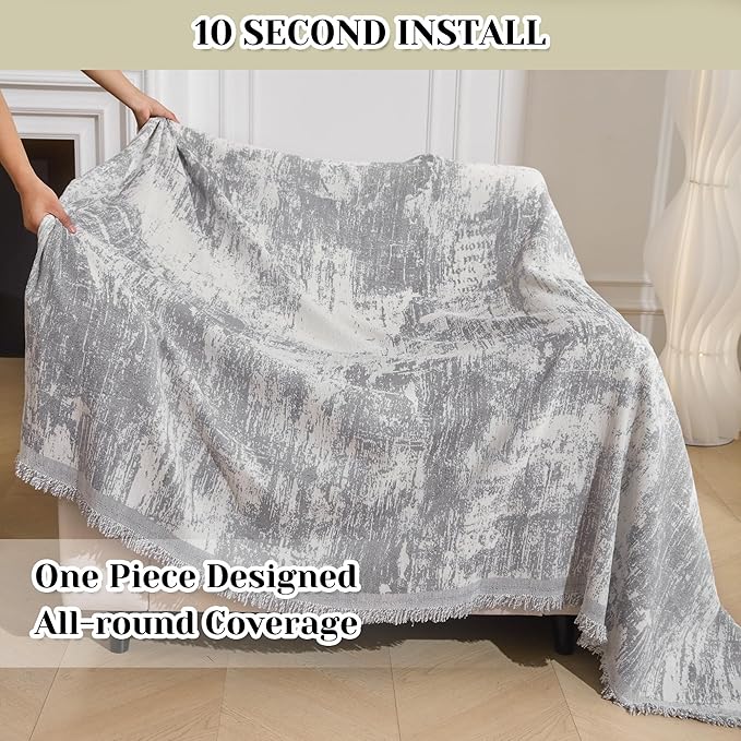 MEETSKY Small Couch Cover Oversized Chair Cover Washable, Chenille Soft Throws Cover for Single Sofa, Abstract Geometric Sofa Slipcover Multi-Use Furniture Protector for Dogs, 71" x 91", Light Grey