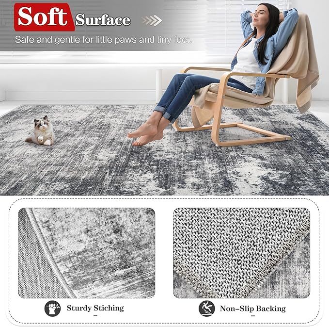 8x10 Area Rugs for Living Room: Washable Modern Abstract Rug Large Soft Non Slip Living Room Rug Indoor Low Pile Carpet for Bedroom Dining Room Home - Grey