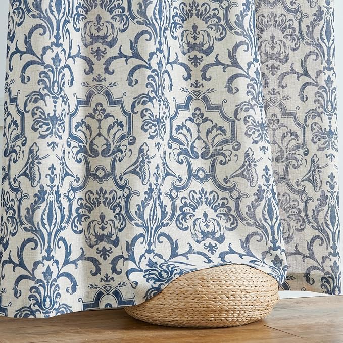 jinchan Curtains for Bedroom, Light Filtering 96 Inch Length 2 Panels Set, Baroque Style Linen Blend Drapes Living Room, Vintage Damask Window Treatments, Grommet Top Slate Blue on Flax, W52 X L96