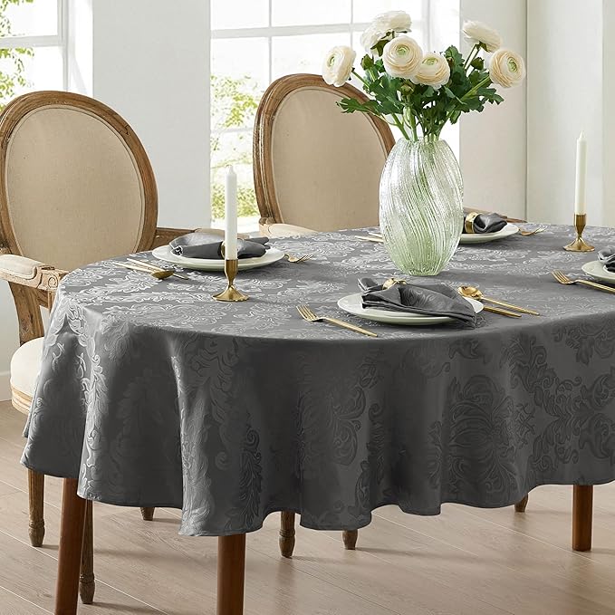 Newbridge Barcelona Damask Fabric Tablecloth, 60 x 84 Inch Oval, Grey – No Iron, Soil Resistant Table Cover for Dining, Parties and Holidays