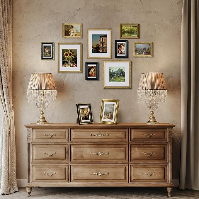 eletecpro 8x8 Picture Frames Set of 2, Vintage Gold Photo Frames with Glass, Display 4x4 Photo with Mat or 8x8 without Mat for Tabletop or Wall Decor, Gold