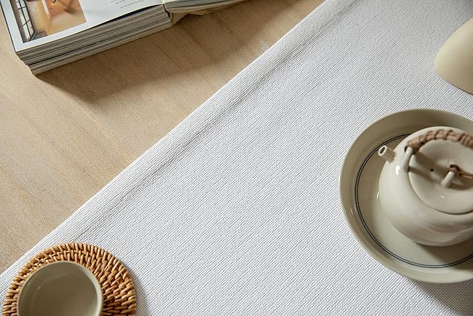ZeeMart Burlap Style Farmhouse Table Runners 108 Inches Long, White Rustic Woven Dining Table Runner for Everyday Use, 14x108 Inches, White