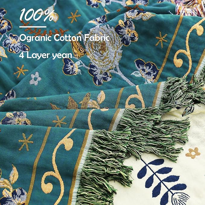 Boho 100% Cotton Large Throw Blanket - All Season Rustic Ultra Soft Breathable Floral Bird King Blanket for Bed Sofa Couch Chair Bedspread Quilt Gift, 91" x 98"-Teal/Beige