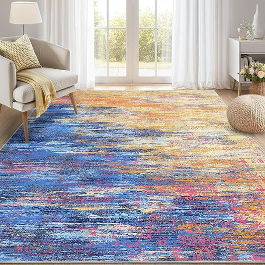 Modern Abstract Living Room Rug 10x13, Machine Washable Large Carpet, Non Slip Low Pile Throw Rug, Ultra Soft Indoor Floor Carpet for Bedroom Dining Room Table Home Decor, Blue/Orange