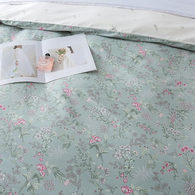 HoneiLife Cotton Duvet Cover Queen - Floral Comforter Cover 3-PC, Flower Floral Bedlinen for Set Queen Beds, Wildflower Comforter Cover Sets for All Season Use