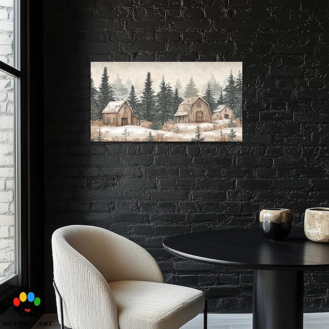 GUTTATY Christmas Winter Scene Canvas Wall Art, Rustic Barn and Forest Wall Paintings, Snowy Holiday Pictures Prints, Cozy Seasonal Canvas Artwork Poster for Living Room Bedroom, 48x24 Inch