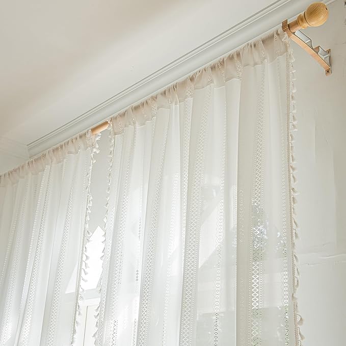 Sutuo Home Ivory Boho Curtains 2 Panels 96 Inches Length for Bedroom Living Room Patio, Window Treatments Bohemian Sheer Knitted Crochet Lace Vintage Drapes Pair Tassels, Rod Pocket, 52" x 96"