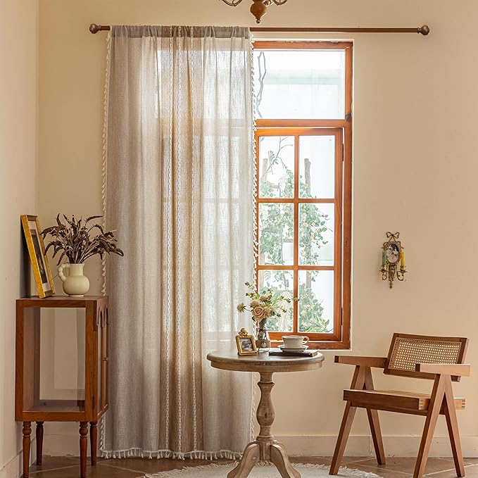 Sutuo Home Boho Curtains 72 inches Long for Bedroom Living Room,Bohemian Embroidery Vintage Chic Light Filtering Farmhouse Tassels Privacy Window Treatment Decor, Rod Pocket 1 Panel 52" W, Khaki Linen
