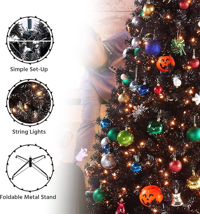 Yaheetech 4.5ft Pre-lit Halloween Black Spruce Artificial Hinged Christmas Pine Tree Prelighted Xmas Tree for Home Party Holiday Decoration with 150 Clear Warm White Lights and 324 Branch Tips, Black