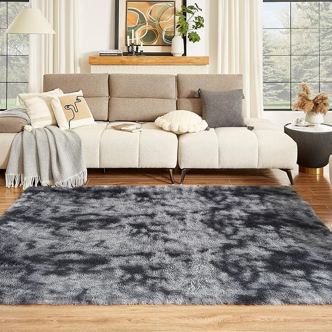Floralux Large Shag Area Rugs 6x9 for Bedroom, Tie-Dyed Dark Grey, Plush Rugs for Living Room, Ultra Soft Fluffy Carpet, Non-Slip Indoor Floor Carpets for Kids Room, Playroom