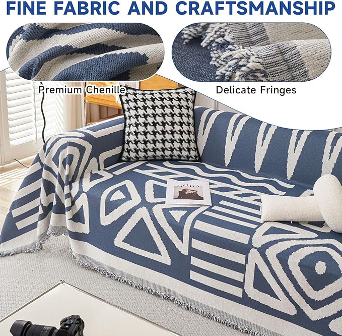 VClife Armchair Couch Cover Sofa Cover for 1 Cushion Couch Sofa, Non Slip Chair Couch Covers for Dog - Boho Armchair Sofa Cover Soft 1 Seat Sofa Furniture Protector with Tassel, Blue, 71"x71"