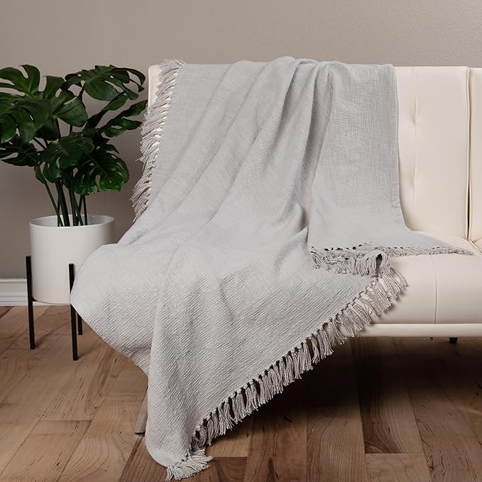 Sticky Toffee Woven Cotton Throw Blanket 60x50 in – Gray Textured Blanket with Fringe for Couch or Bed, Thick and Durable, Boho Decorative Style