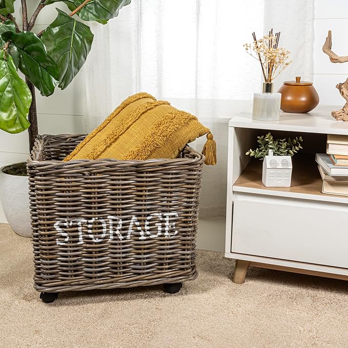happimess BSK1001A Yael Coastal Hand-Woven "STORAGE" Rattan Basket with Wheels and Handles for Storage and Decoration in Bedroom, Living Room, Laundry Room, Entryway, Kubu Gray