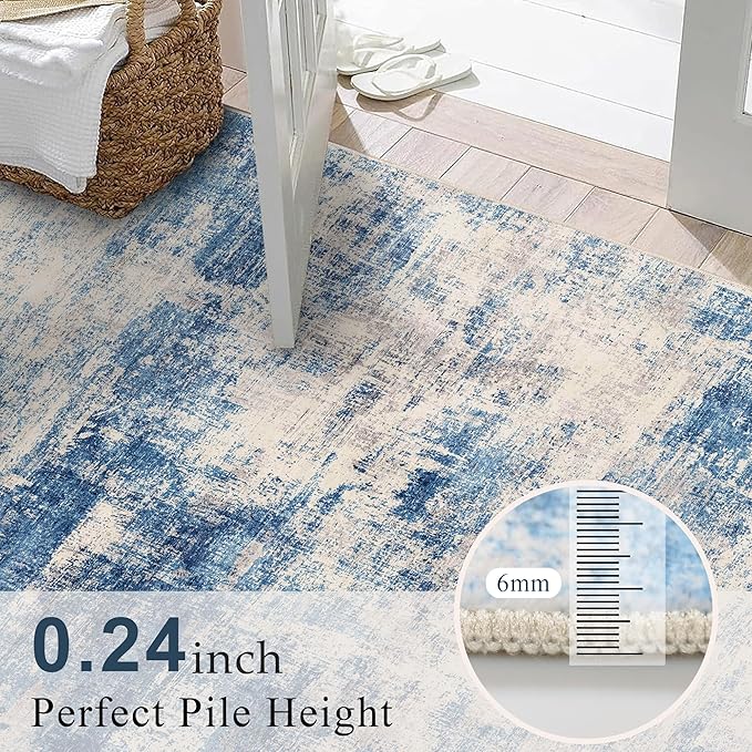 8x10 Modern Abstract Rug Washable Area Rugs for Living Room Bedroom Dining Room Non-Slip Low Pile Neutral Large Rug Soft Indoor Floor Carpet, Blue