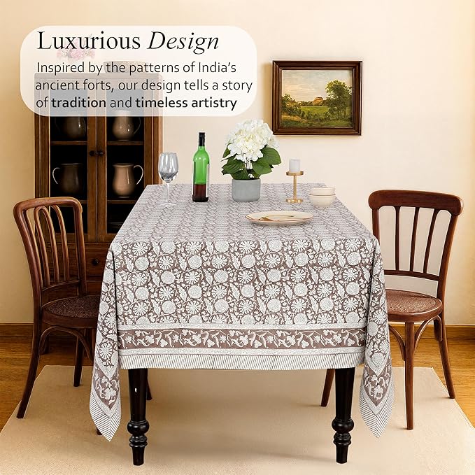 CPC Rustic Brown Tablecloth 100% Cotton 60x90 Inch Indian Block Print Rectangle Table Cover, Table Cloth for Gifting in Weddings, Halloween, Fall, Christmas, Thanksgiving