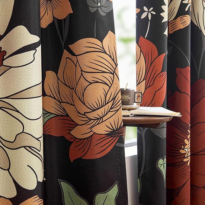 jinchan Lora Floral Curtain for Living Room Blackout Drape for Sliding Door Extra Wide Room Darkening Fall Decor Winter Vintage Flower Patterned Patio Door Curtain Grommet 1 Panel W100xL96 Inch Black