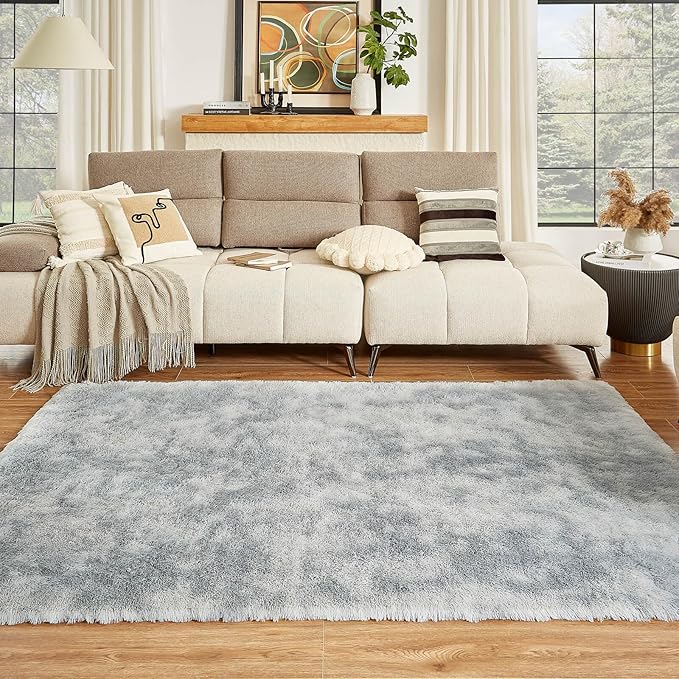 Floralux 9x12 Living Room Rug, Tie-Dyed Light Grey, Large Shag Bedroom Rugs, Soft Fluffy Shaggy Carpets, Machine Washable Area Rugs for Dorm Home Decor Aesthetic