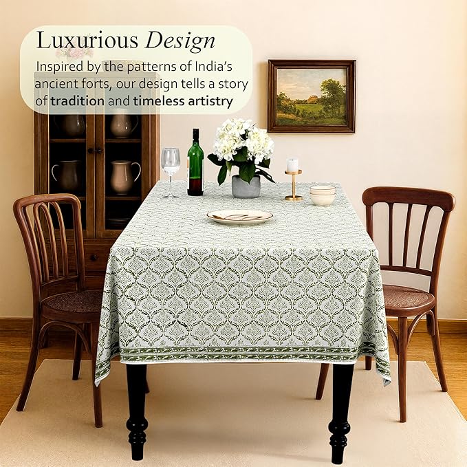 CPC Fern Regal Tablecloth 100% Cotton 60x90 Inch Indian Block Print Rectangle Table Cover, Table Cloth for Gifting in Weddings, Halloween, Fall, Christmas, Thanksgiving