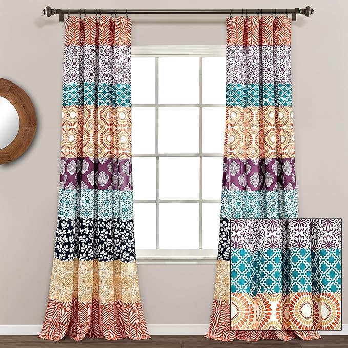 Lush Decor Bohemian Stripe Window Curtain Panels, Pair 52" W x 95" L Fuchsia & Orange - Light Filtering Curtains for Bedroom - Boho Curtains - Maximalist Decor