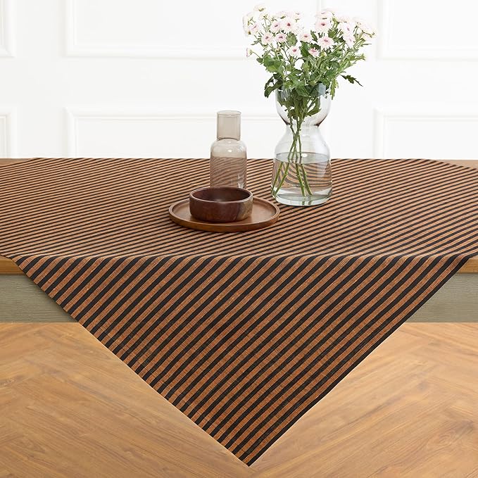 Solino Home Square Tablecloth 52 x 52 Inch - Amalfi Stripe, 100% Pure Linen Pumpkin and Black Table Throw - Machine Washable Tablecloth for Fall, Autumn, Thanksgiving