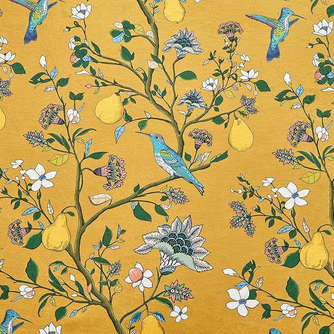 MUSSEL Velvet Whimsical Floral Curtains 63 inches Long,Mustard Yellow Luxury Botanical Room Darkening Curtain Drapes,2 Panels Mid Century Hummingbird Art Deco Window Curtains for Living Room Bedroom